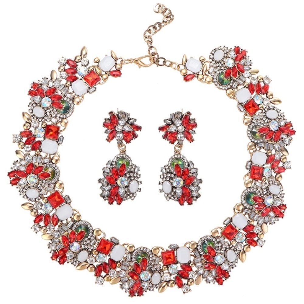 Yellow Gold with Ruby Red Austrian Crystal Chunky Necklace and Earrings Set